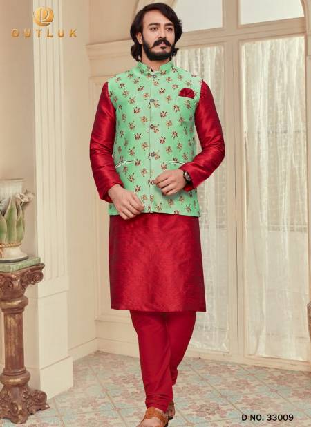Red Colour Latest Design Festive Wear Art Silk Digital Printed Kurta Pajama With Jacket Mens Collection 33009